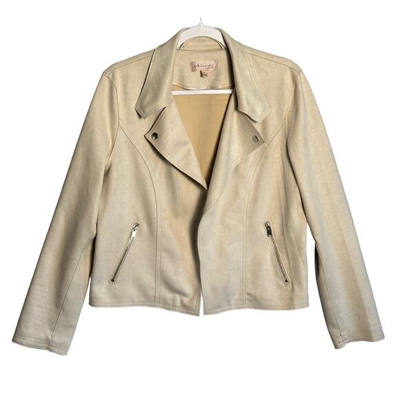 Philosophy Sz L‎ Faux Suede Moto Jacket Coatigan Neutral SOFT waterfall stretch - Picture 1 of 10